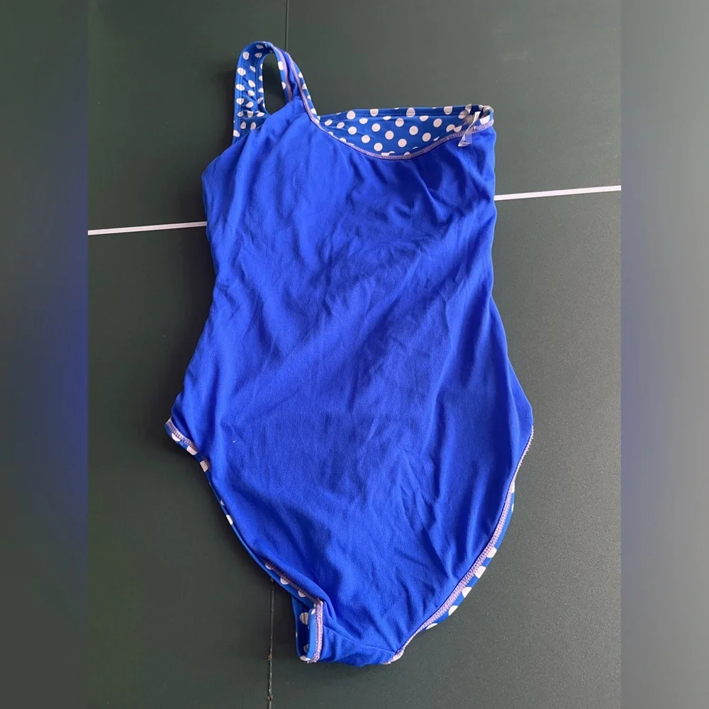PERRY ELLIS One Piece, Off Shoulder Polka Dot Swimsuit